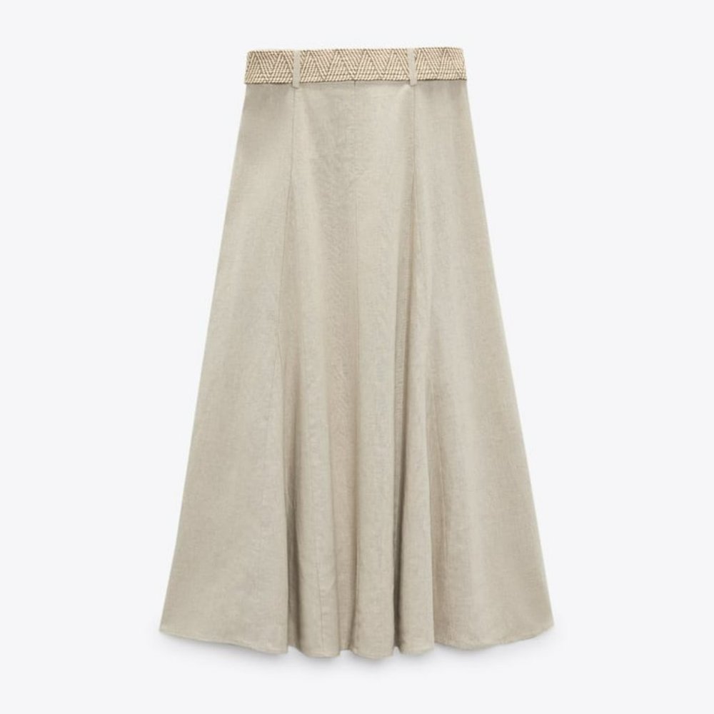 Zara linen blend midi skirt light beige Sz XL - Picture 6 of 7